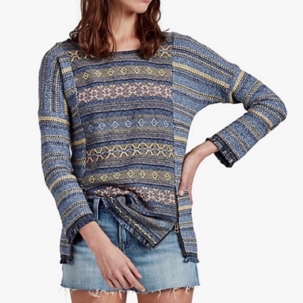 Lucky Brand “Escape” Tribal Boho Tribal Knit Top Fringe Zipper Festival Size M